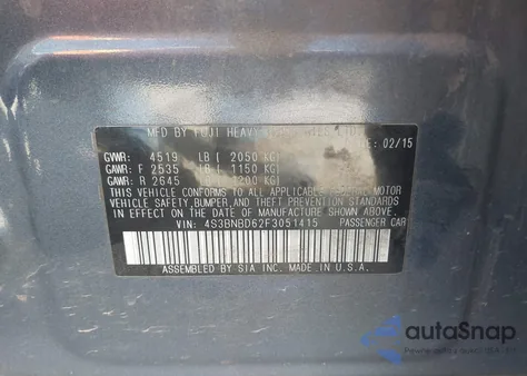 2015 Subaru Legacy 2.5I Premium z USA, uszkodzony, nr VIN 4S3BNBD62F3051415